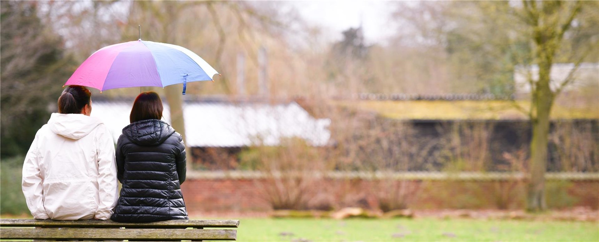 Zwei Personen auf einer Bank unter einem Regenschirm